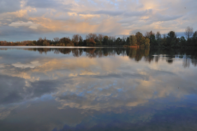Prachtige lucht en reflectie in het "Weegje" in laagstaand november-zonnetje.  Langs de kant van de plas, met groothoek-stand van zoomlens uit de hand.