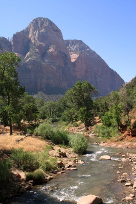 Dit is een foto van de Virgin River, die door Zion National Park stroomt. In de zomer is de temperatuur zeer hoog, maar door de aanwezigheid van water is het park toch heel erg groen. Die combinatie zie je niet zo veel, en levert mooie plaatjes op.