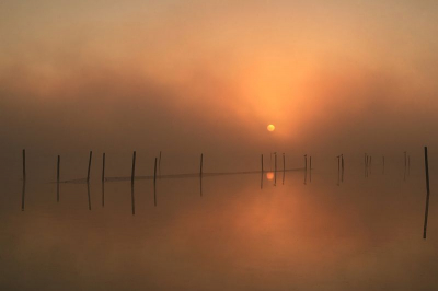 Andere foto van de ochtend om de sfeer te pakken van de zon met mist boven de visnetten.