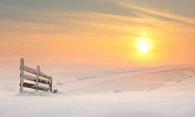De mooie zachte sneeuw, de mist en de zonsondergang straalde met elkaar een en al rust uit.

Ik hou niet zo van regels mbt fotografie, dit is precies hoe ik de foto in m'n hoofd had en hoe ik hem het mooist vind.
