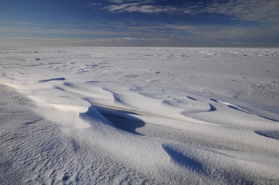 Foto genomen vanuit een laag standpunt midden op het Markermeer.  Schitterend minimaal gevoel: een vlakte van sneeuw en ijs met mooie blauwe lucht en verder niets om je heen.