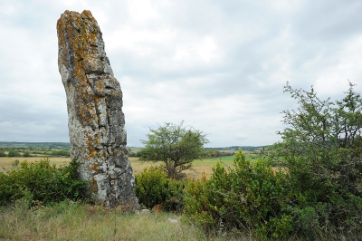 Ja, een echte menhir. 
De steen is wel dezelfde als die van de karstverschijnselen, maar hij is hier echt door Obelix heengebracht.
(niet uitgehouwen hoor, dat is een fabeltje. Hij lag gewoon ergens in de weg en Obelix was een uitslover)