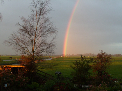 8:58 uur zonsopgang,  opeens een enorme scherpe regenboog zichtbaar vanuit de achtertuin.