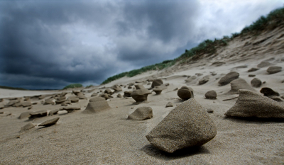 Deze opname is onder extreme omstandigheden gemaakt,
een stormachtige wind in mijn rug voorzien van een enkele regendruppel, al liggend op mijn buik en met de angst voor meeuwenflatsen in mijn nek.
Dit is een van de vele duizenden opname's die ik tot nu toe heb gemaakt van het strand bij Bergen aan Zee.