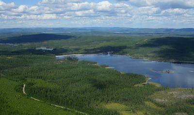 Deze foto kon ik vorig jaar vanuit een helikopter maken vlak bij waar wij ons huisje hebben. Je kunt op deze foto vind ik mooi zien hoe het landschap er in die omgeving met de meren en bossen uitziet.