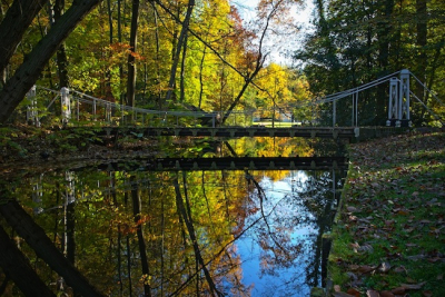 Op een mooie dag in de herfst, weerspiegeling is goed te zien in het water. De kleuren aan de bomen zijn mooi divers.