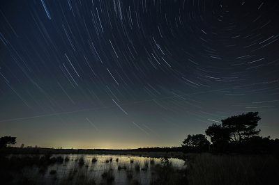 Op een niet al te koude avond sterrensporen gefotografeerd aan het Starven op de Strabrechtse Heide in februari. Uiteindelijk leverde het een plaat op waar ik wel tevreden over ben.