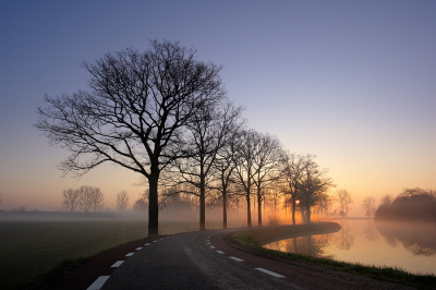 De weg over de Lekdijk gaat hier even met een slinger van de dijk af om het fort heen. In een zekere week was het regelmatig mistig 's ochtends, heb een aantal dagen achtereen deze plek opgezocht. Opvallend genoeg was het elke dag weer totaal anders. Soms was er inneens helemaal geen mist meer, of was het zo mistig dat je amper een paar meter ver kon kijken. 

Pas bij het 3e bezoek was het eindelijk raak! Precies de hoeveelheid mist waarop ik hoopte, en net na zonsopgang een zwak zonnetje die hier doorheen prikte.