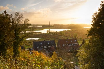 overzicht op de uiterwaarden naar de rijn in het laatste avondlicht