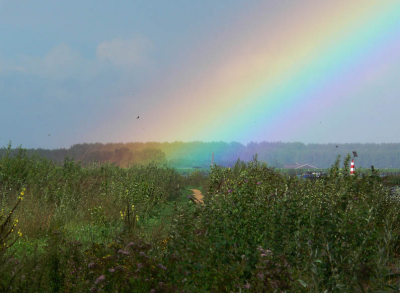 In aansluiting op de regenboog van 30 aug. (waarom die trouwens alleen in de tijdelijk foto's tercht gekomen is, is mij in het geheel onduidelijk-trouwens geen kritiek, meer een vraag) zie je hier wat ik in mijn  linker buitenspiegel zag, nl het eind van de regenboog.