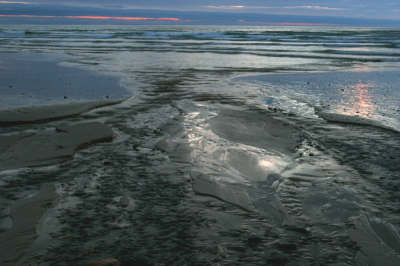 Door de duinen liep een watertje via het strand naar zee en bij zonsondergang gaf dit een mooi schouwspel.
Om deze foto te kunnen maken, ben ik midden in het stroompje gaan staan.