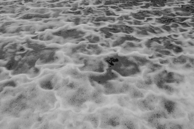 Het schuim wat door de ruige zee ontstond werd in mooie lijnen het strand op geblazen.