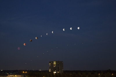 De camera (Canon 5d III) op statief gezet en met de groothoeklens een foto gemaakt aan het begin van de verduistering. Daarna met de telelens (met Canon 7D II) de foto's van de maansverduistering gemaakt en deze foto's in de eerste foto geplaatst.
Er zit een gat in de lijn van de verduistering, maar dat komt doordat de maan op dat moment achter een wolk verdween.