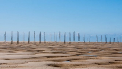 Helder weer. Op statief.  Gekeken naar de structuur en de achtergrond. Weinig wolken maar wel de paaltjes