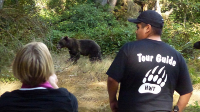 Dit laat zien hoe de gidsen de groep afschermen bij een ontmoeting met een Grizzlybeer. Je ziet op de heup van de tour guide nog net de pepperspray-spuitbus, hun enige wapen.
Foto is niet van mij (te druk met de beren) maar van een reisgenoot.