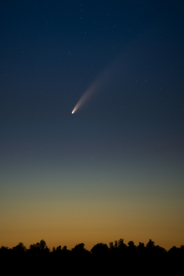 De foto is gemaakt rond middernacht net buiten het dorp. Na een week regen en wolken was het dan eindelijk helder!
Doordat het nog niet echt goed donker was kon ik de komeet maar moeilijk zien. Ik heb geen tracker dus heb ik maar een stack gemaakt van 45 exposures (willekeurig maar ruim getal). De plek is verder erg saai dus ik heb bewust alleen de boomtoppen er op gelaten.